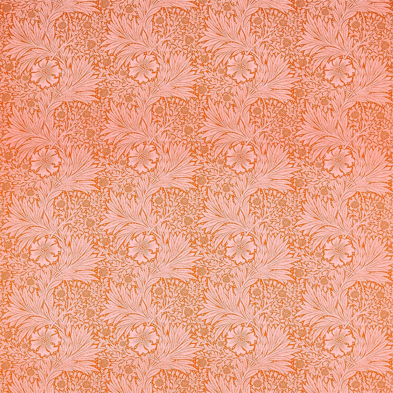 Warm coral-pink textile with marigold botanical fans and dense floral linework