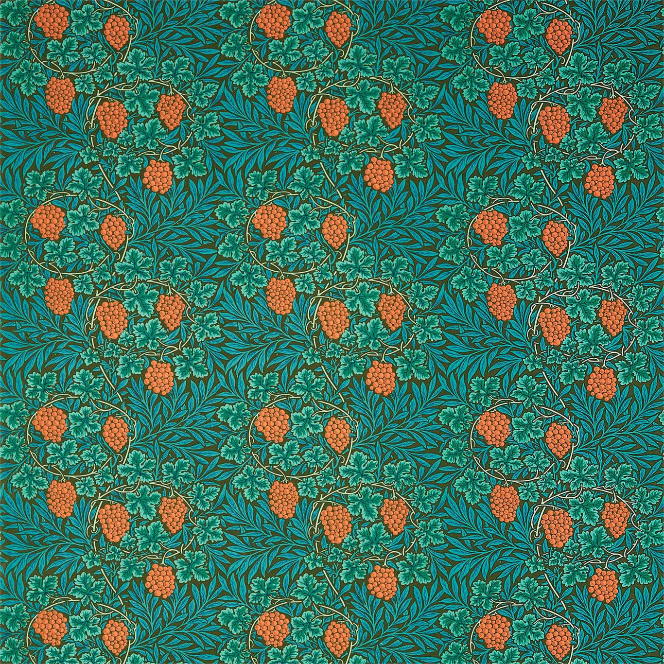 Dark olive-teal fabric with orange berries and curling leafy vine motifs