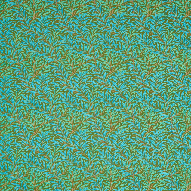 Dense olive and turquoise leafy vines with fine brown stems across the fabric