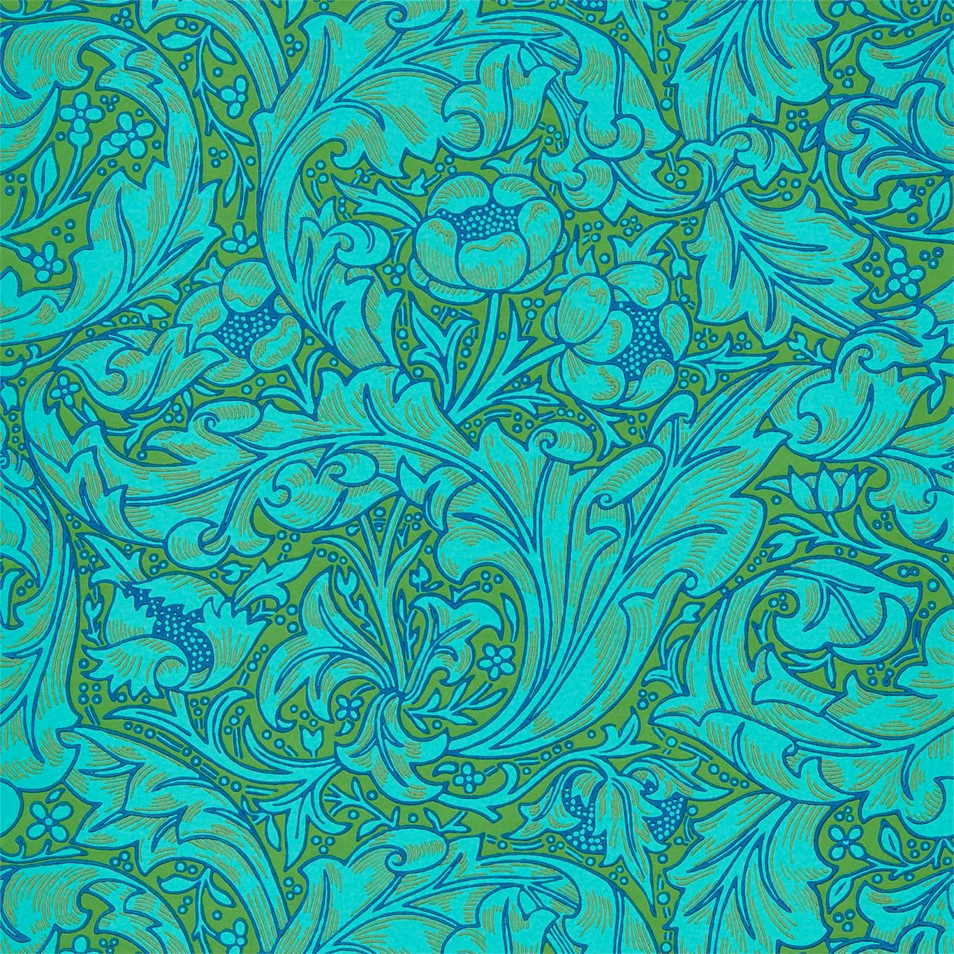 Olive and turquoise wallpaper with dense scrolling flowers and leafy botanical motifs