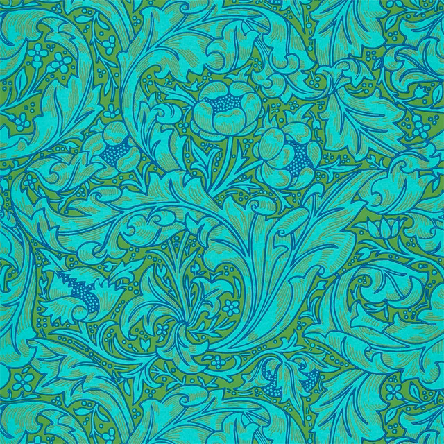Olive and turquoise wallpaper with dense scrolling flowers and leafy botanical motifs
