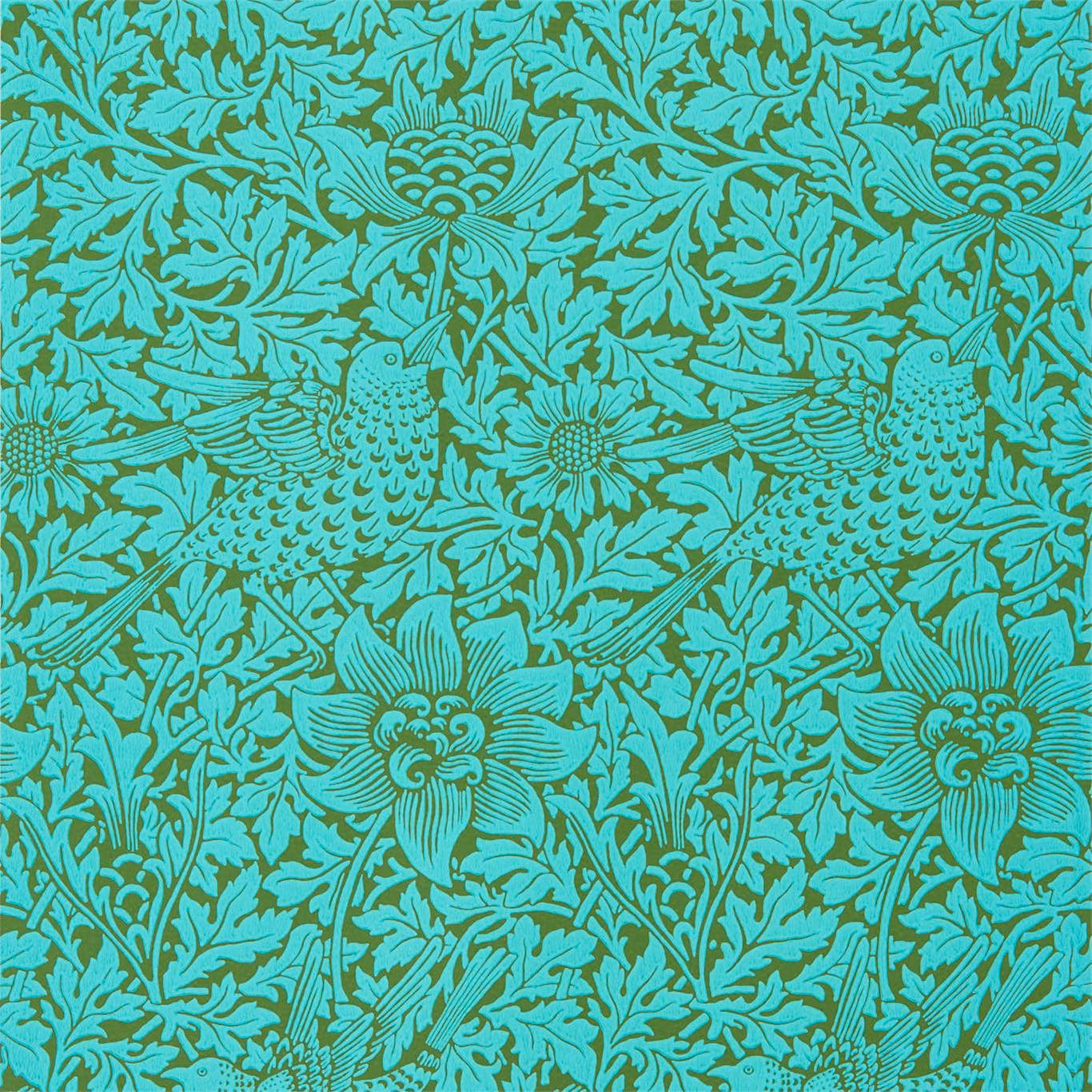 Olive and turquoise wallpaper with birds, anemones and curling botanical foliage