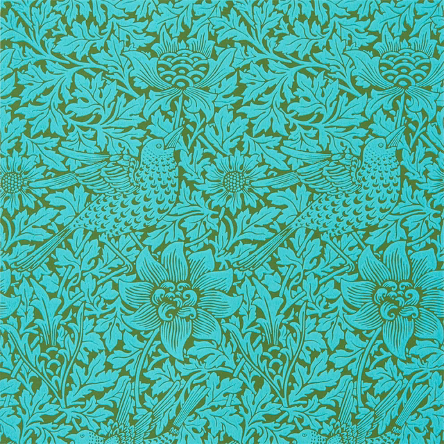 Olive and turquoise wallpaper with birds, anemones and curling botanical foliage