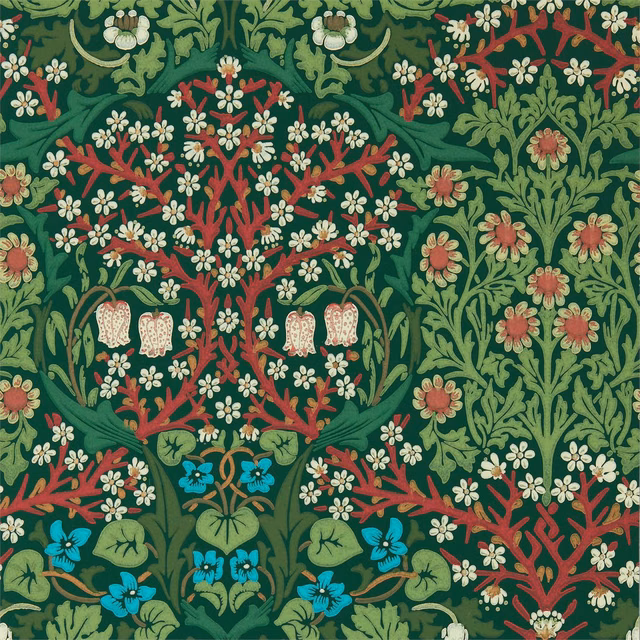 Dark green botanical wallpaper with red branches, cream blossoms and turquoise flowers