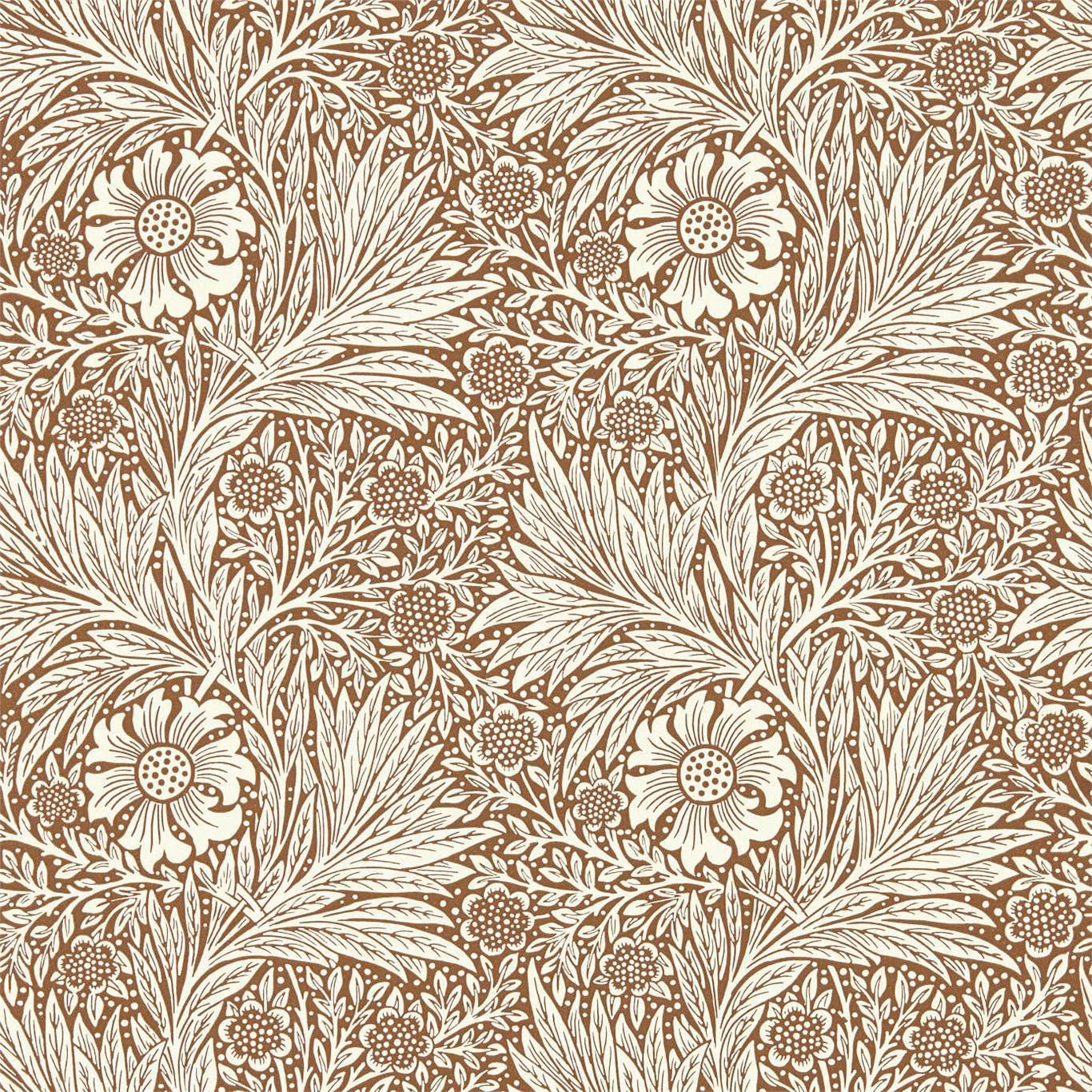 Chocolate-brown wallpaper with cream marigold flowers and sweeping leafy sprays