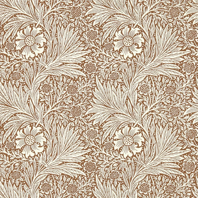Chocolate-brown wallpaper with cream marigold flowers and sweeping leafy sprays