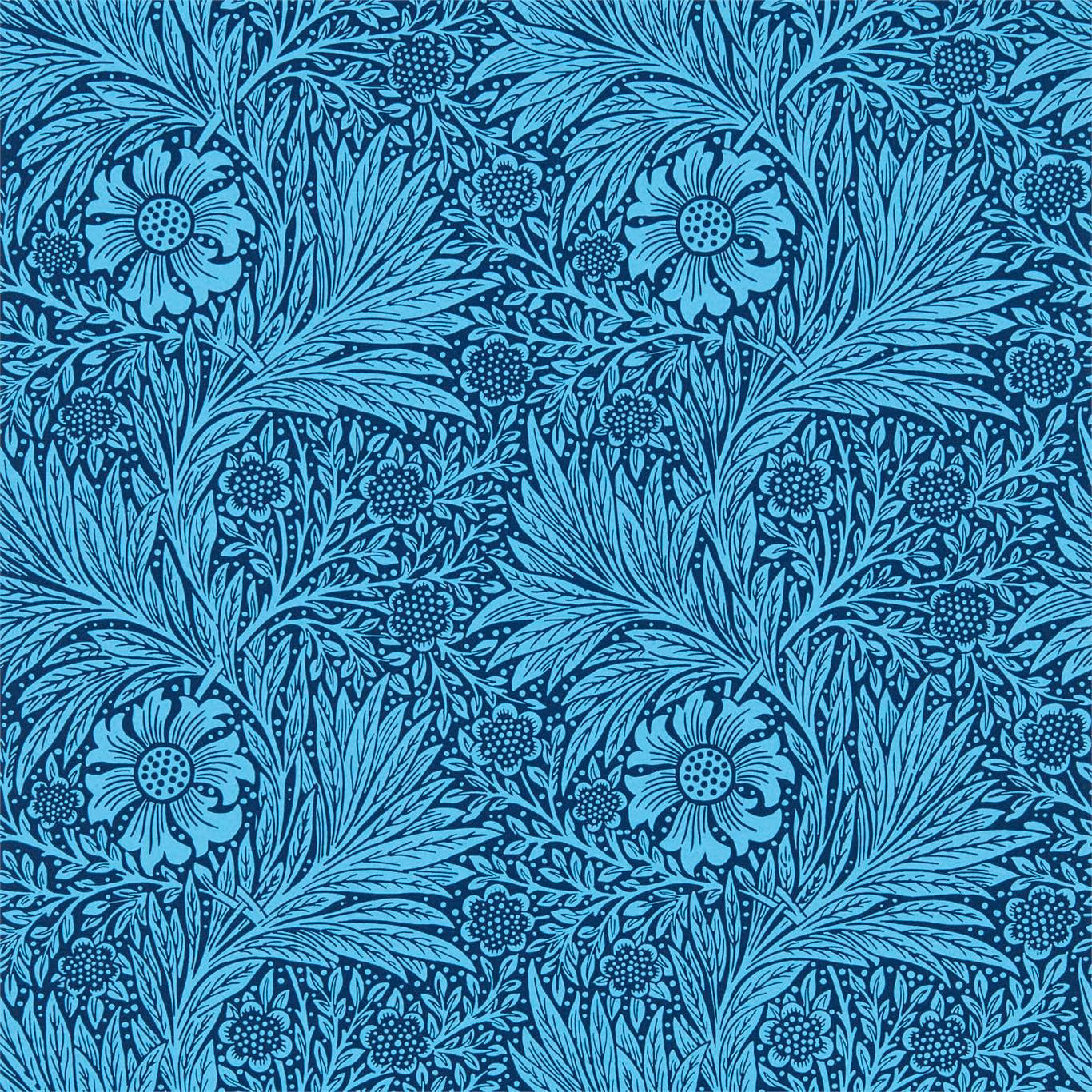 Turquoise-blue marigold flowers and scrolling foliage on a deep navy wallpaper ground
