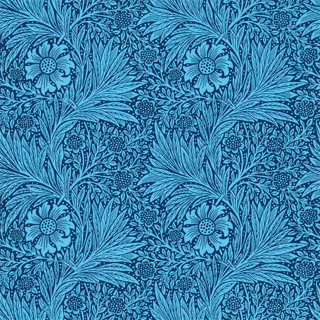 Turquoise-blue marigold flowers and scrolling foliage on a deep navy wallpaper ground