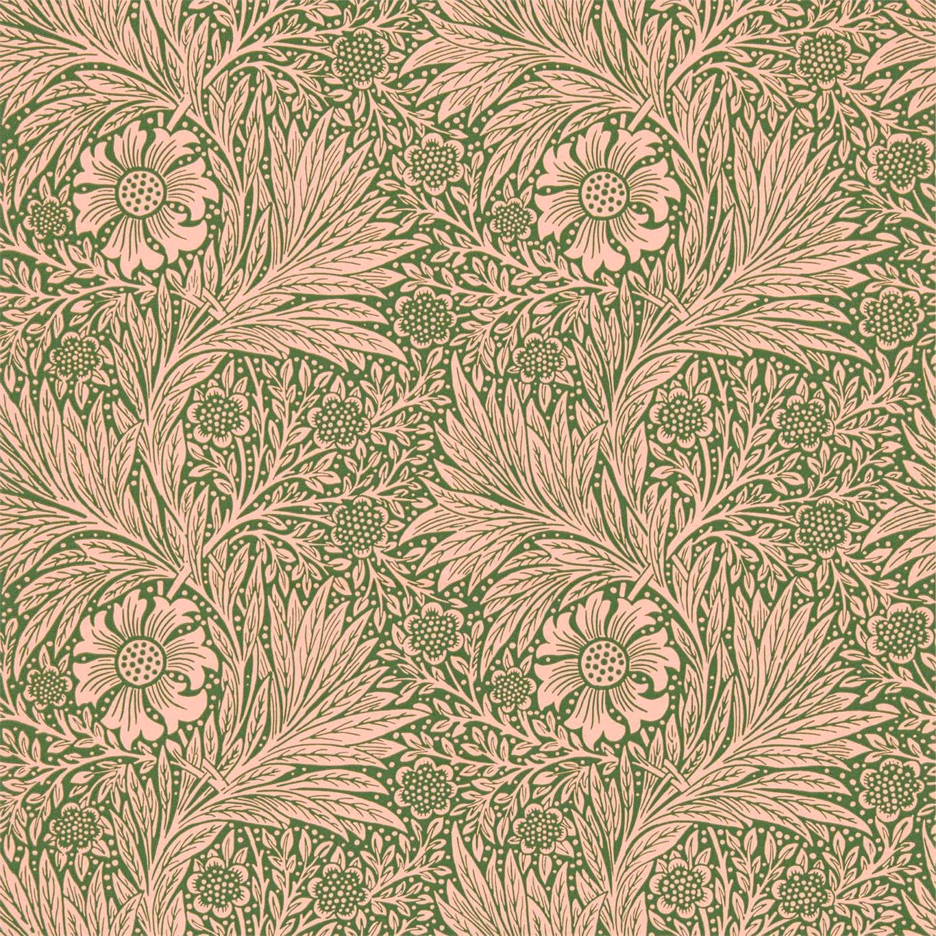 Dusty pink wallpaper with olive Morris floral sprays, daisies and feathery leaves