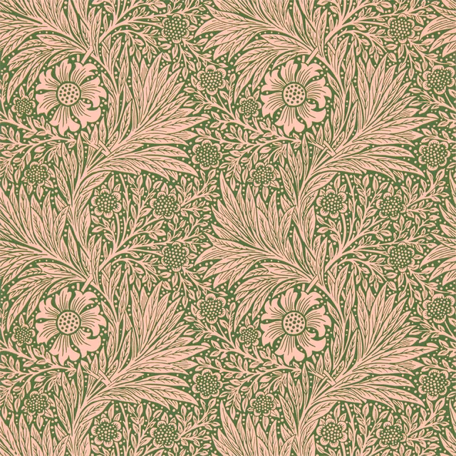 Dusty pink wallpaper with olive Morris floral sprays, daisies and feathery leaves