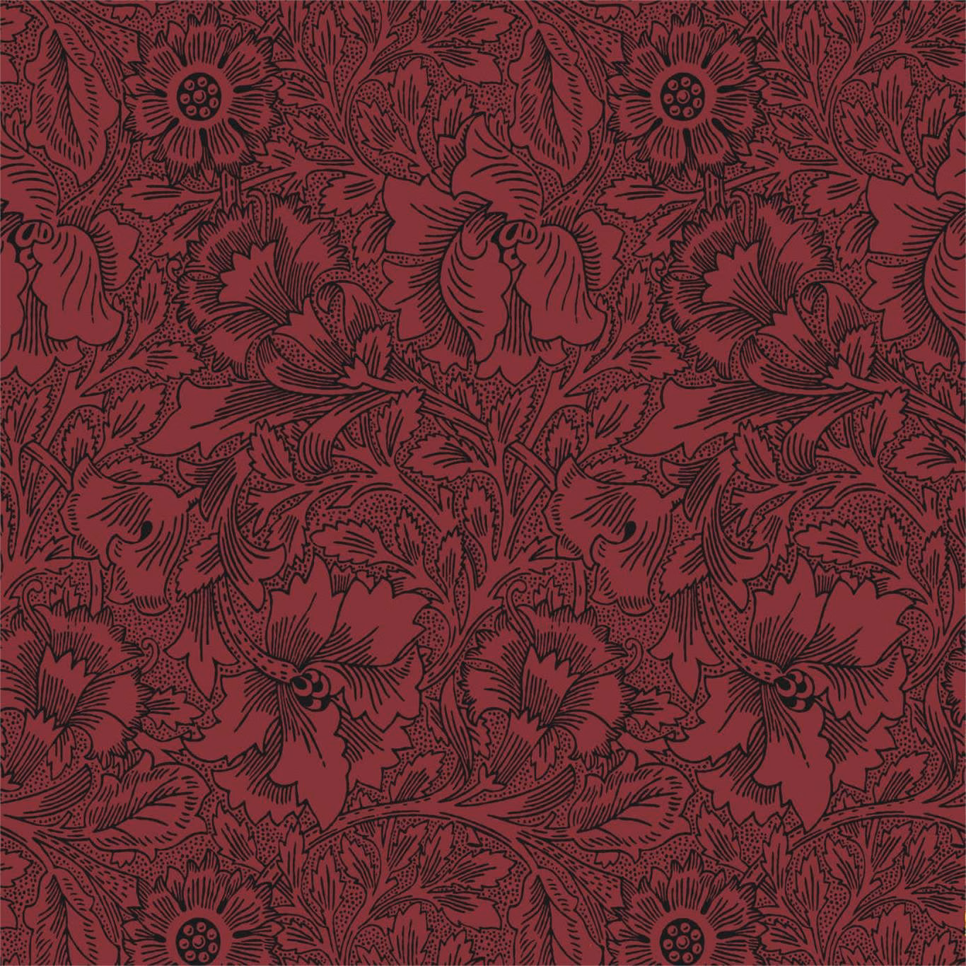 Deep claret wallpaper with black-outlined poppies, leaves and intricate botanical linework