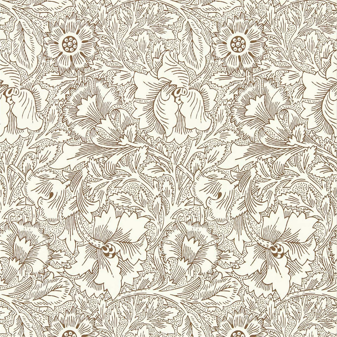Warm cream wallpaper with chocolate outlined flowers, leaves and curling botanical stems