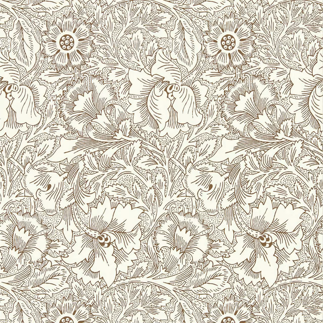 Warm cream wallpaper with chocolate outlined flowers, leaves and curling botanical stems