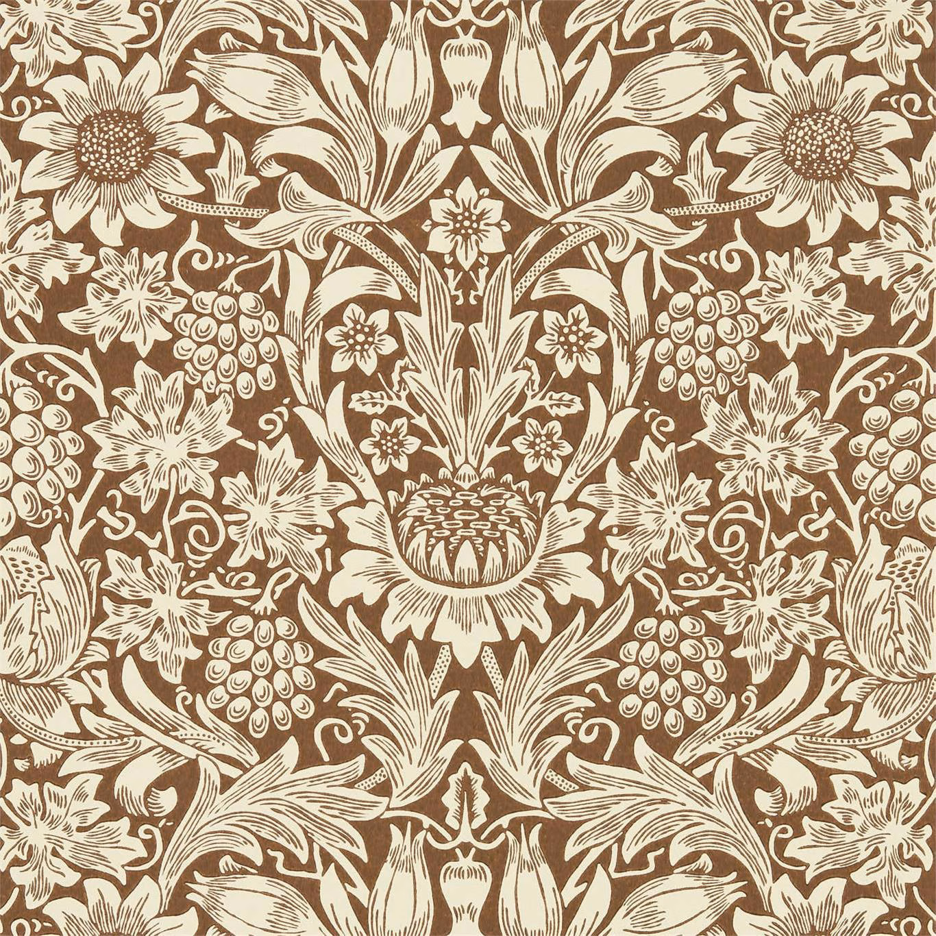 Chocolate brown wallpaper with cream sunflowers, acanthus leaves and clustered botanical motifs