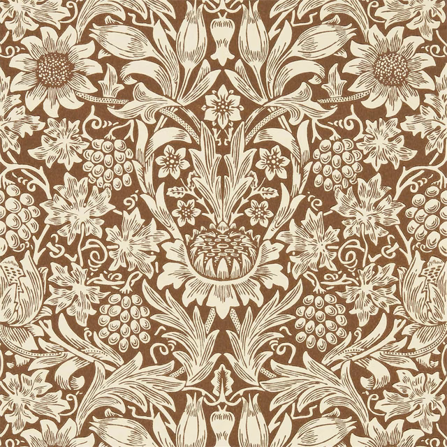 Chocolate brown wallpaper with cream sunflowers, acanthus leaves and clustered botanical motifs