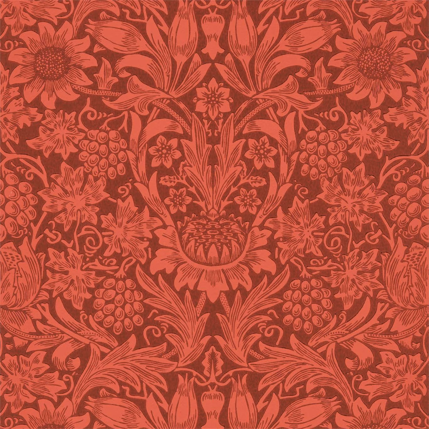 Deep red wallpaper with chocolate floral linework, sunflowers, fruit and scrolling foliage
