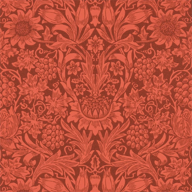Deep red wallpaper with chocolate floral linework, sunflowers, fruit and scrolling foliage