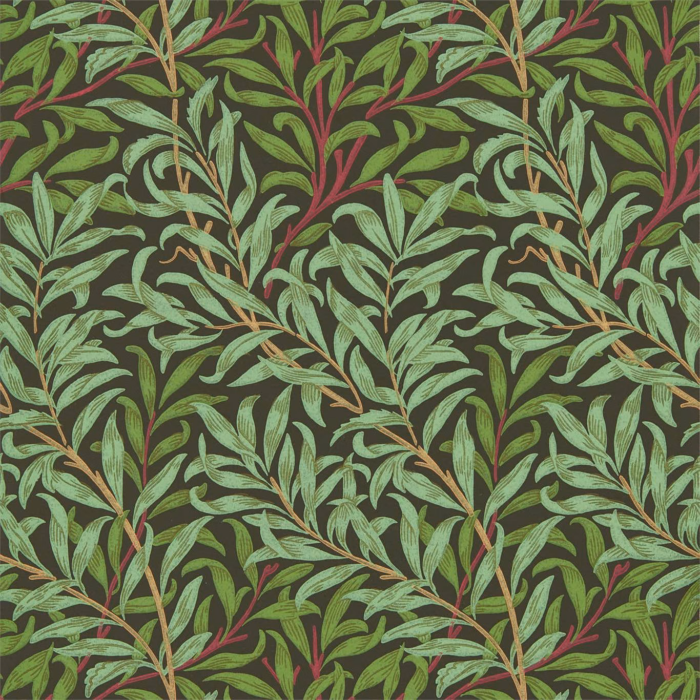 Dense willow branches in mint, sage and burgundy on a bitter chocolate-brown ground