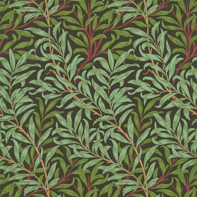 Dense willow branches in mint, sage and burgundy on a bitter chocolate-brown ground