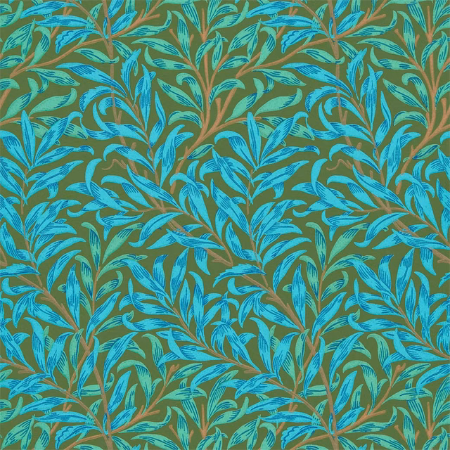 Olive wallpaper with dense turquoise leafy boughs and warm brown stems