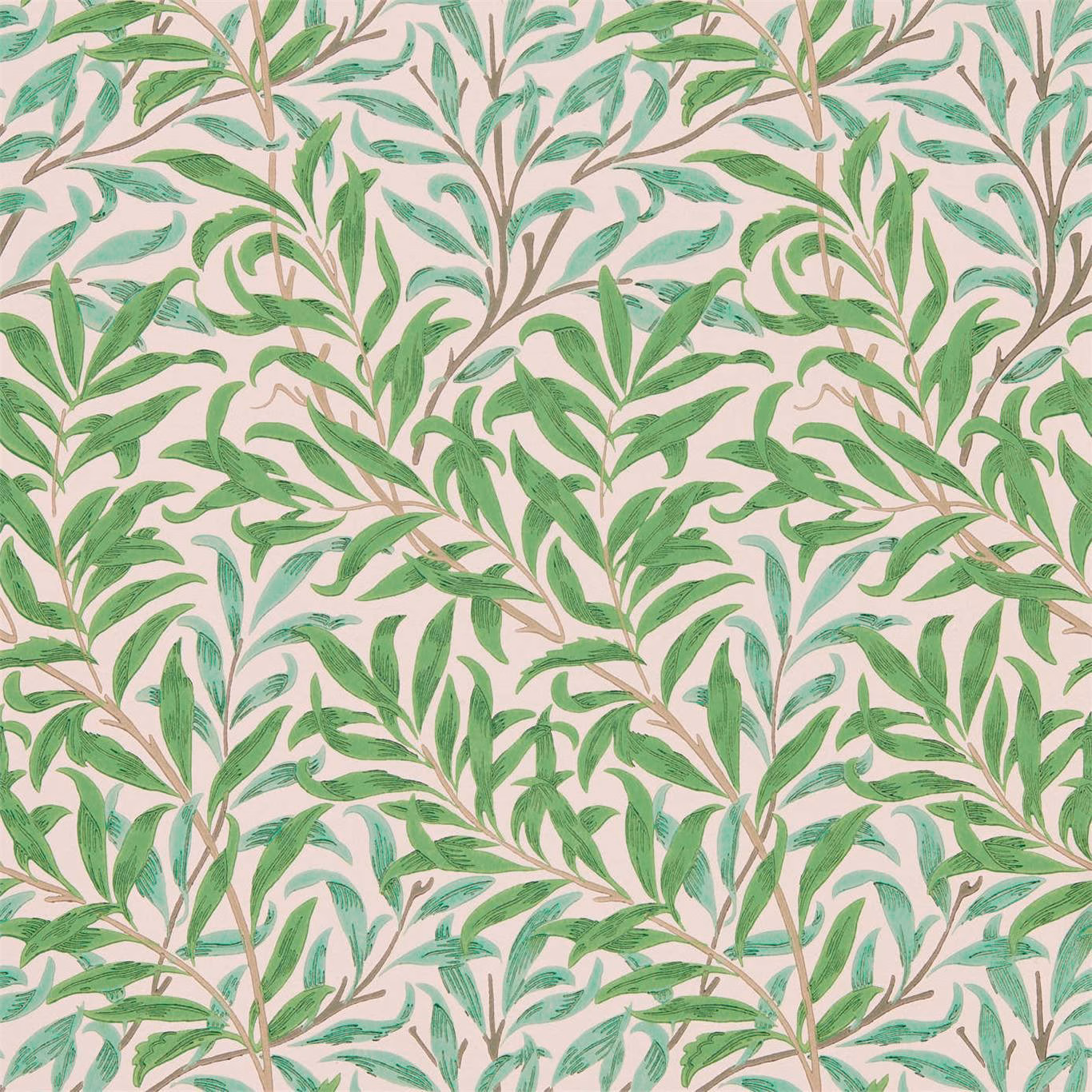 Pale pink wallpaper with green willow leaves and taupe branching stems