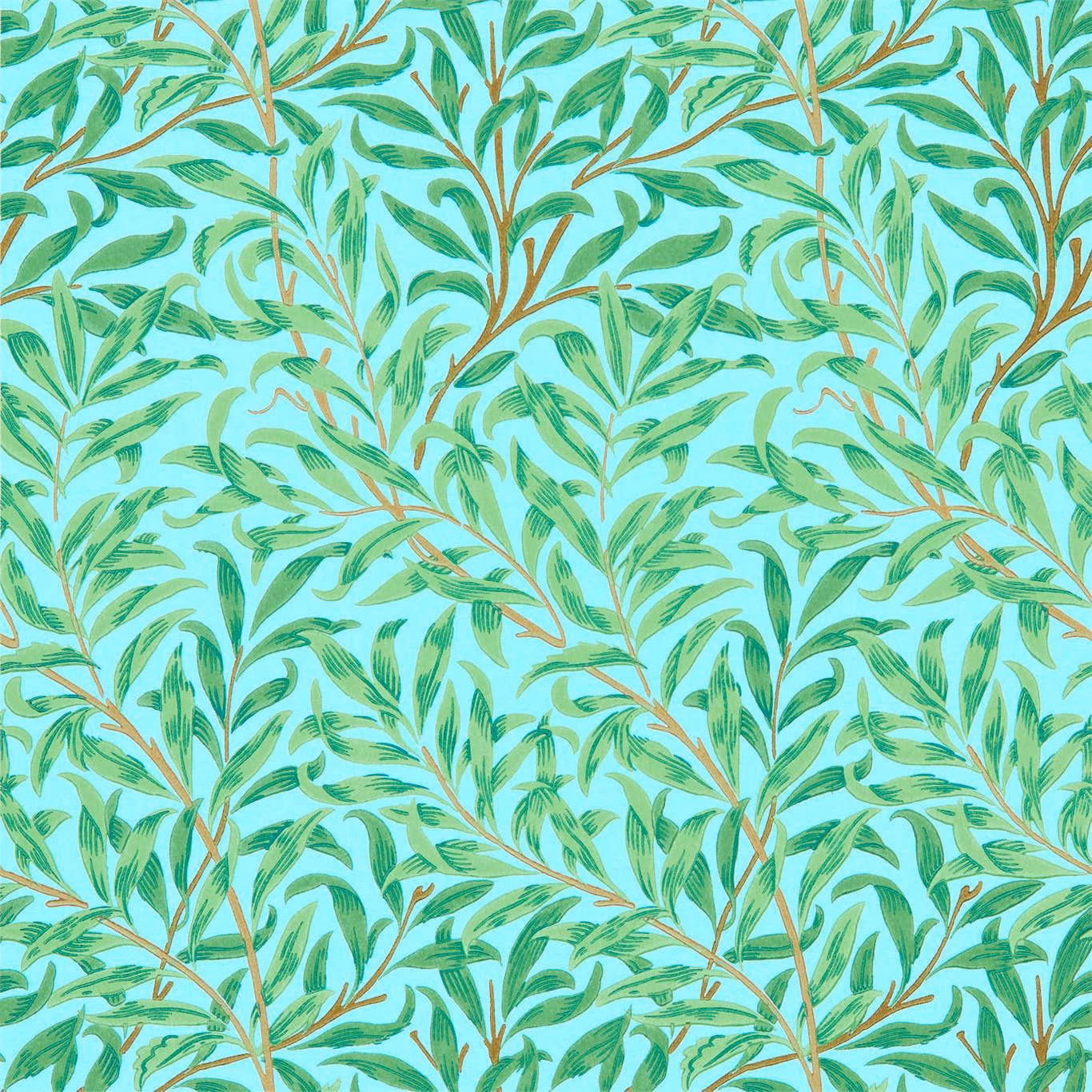 Sky-blue wallpaper with dense green willow leaves and tan branching stems