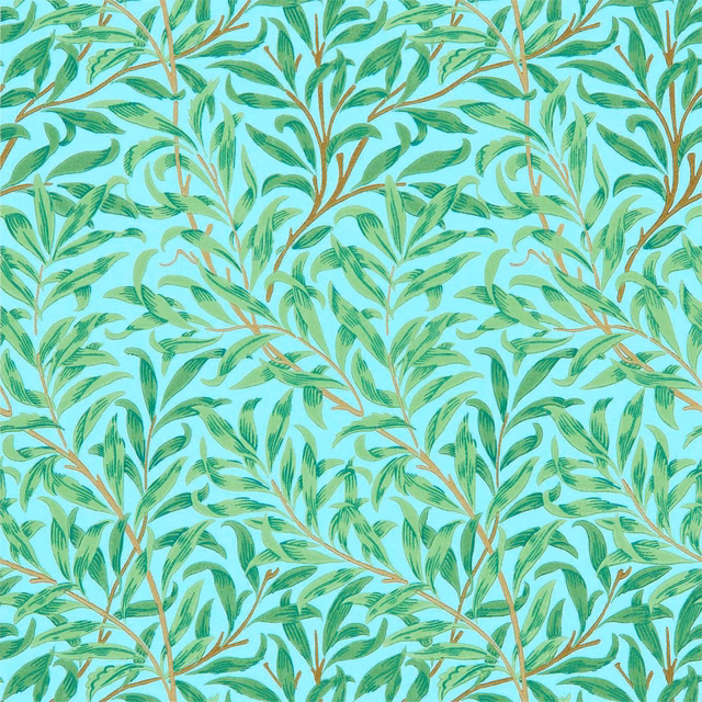 Sky-blue wallpaper with dense green willow leaves and tan branching stems