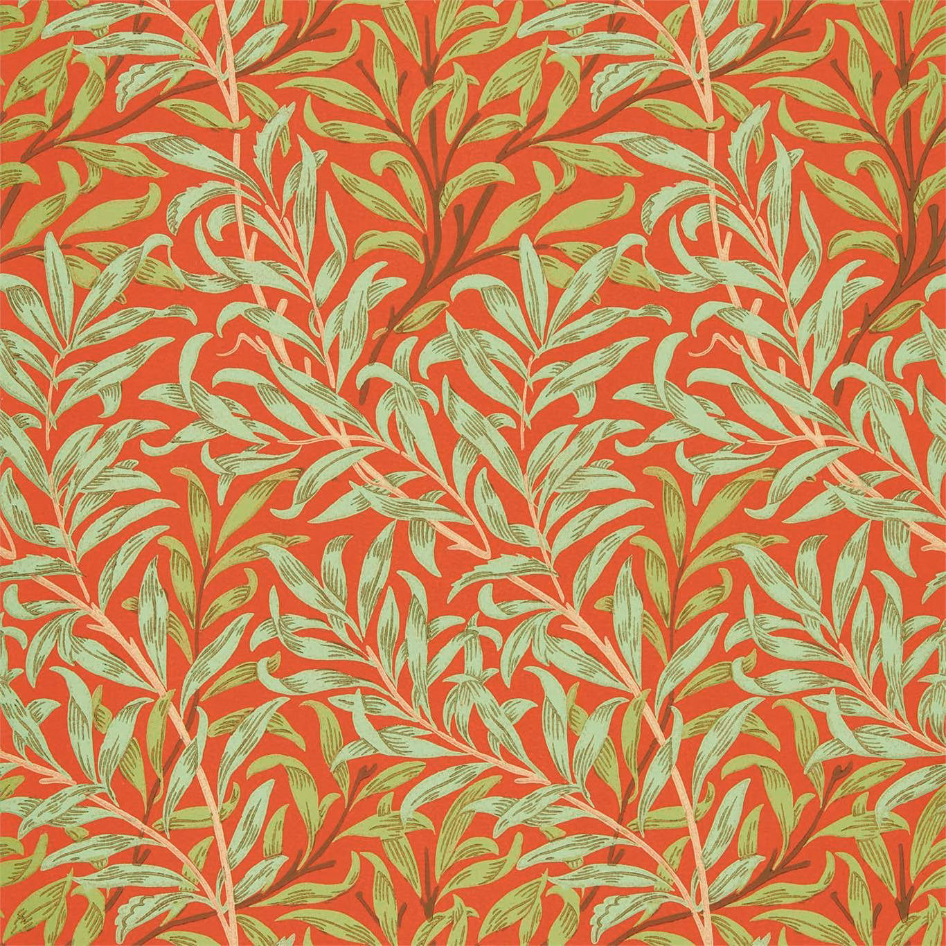 Tomato-red wallpaper with olive leafy boughs and pale sage etched highlights