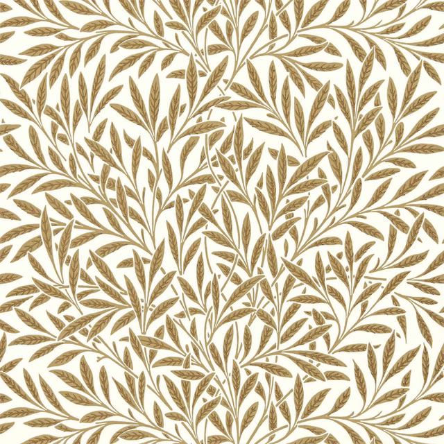 Warm cream wallpaper with dense olive-brown leafy branches and fine botanical detail