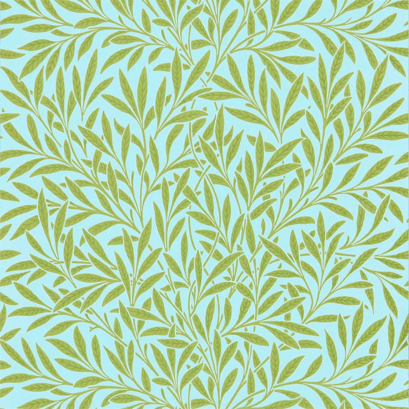 Pale aqua wallpaper with densely branching olive-green leafy sprigs and fine vein detail