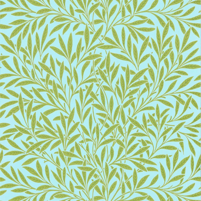 Pale aqua wallpaper with densely branching olive-green leafy sprigs and fine vein detail