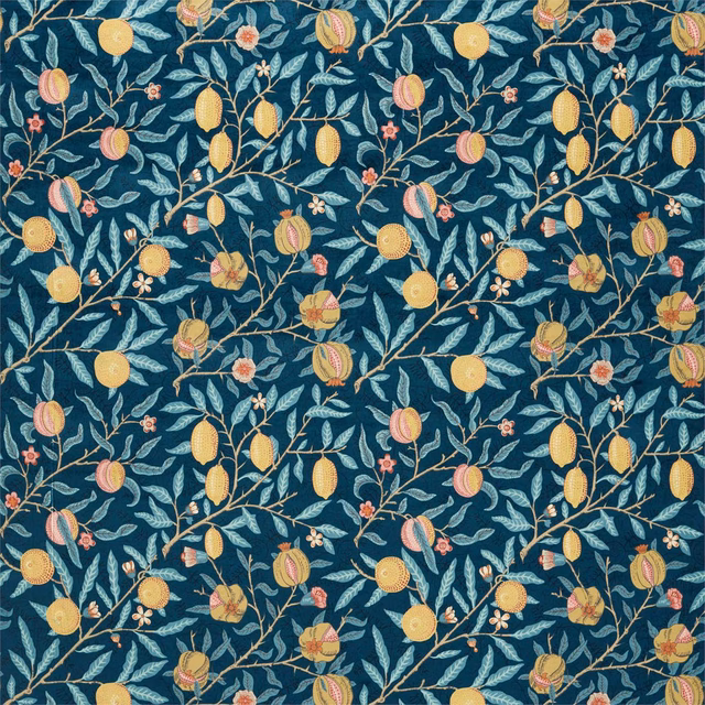 Deep indigo velvet with apricot, mustard and coral fruit on trailing leafy stems