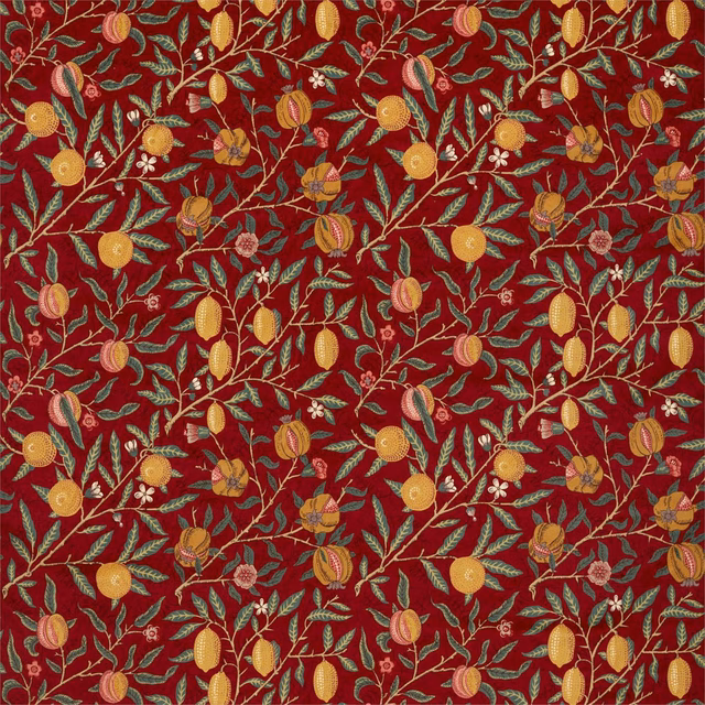 Deep madder-red velvet with bayleaf leaves and ochre fruit motifs