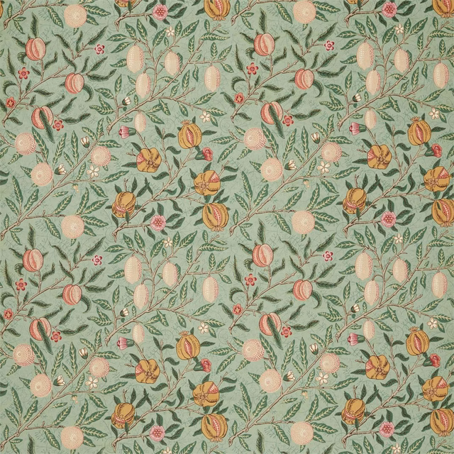 Thyme-green velvet with coral, peach and ochre fruits on trailing leafy vines