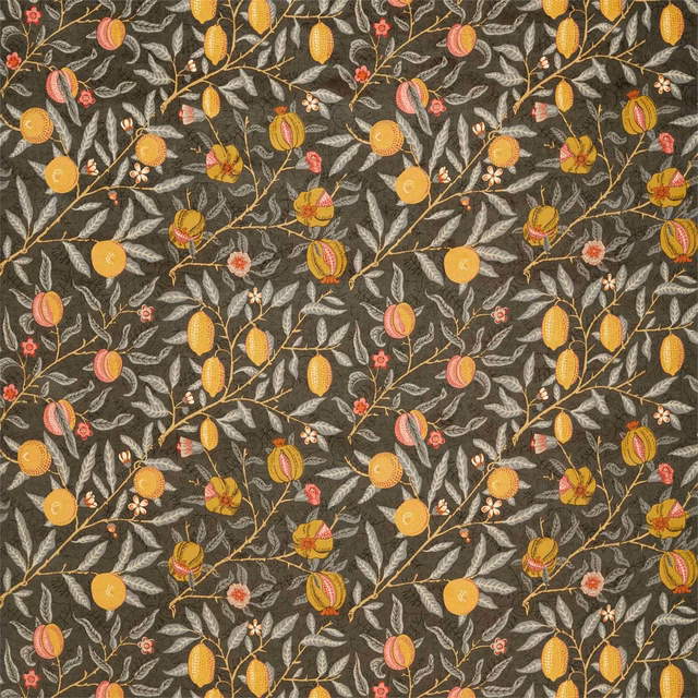 Dark walnut velvet with gold fruit, coral berries and scrolling grey-green foliage