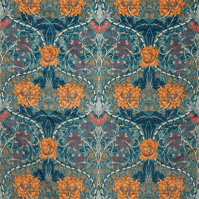 Woad teal velvet with ochre flowers, mulberry blooms and curling botanical stems