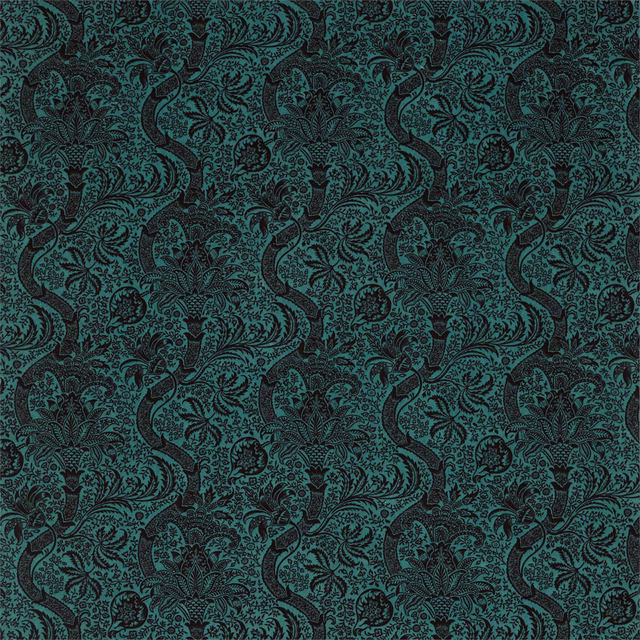 Deep cerulean teal velvet with dark walnut scrolling foliage and floral motifs