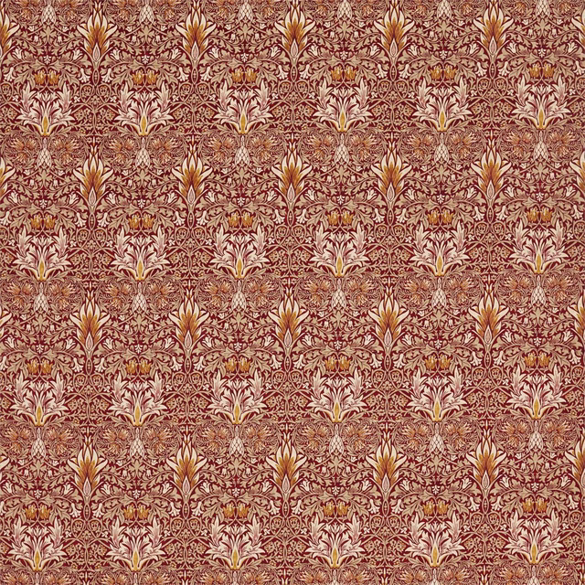 Crimson velvet with repeating saffron leafy motifs, cream tracery and dense floral texture