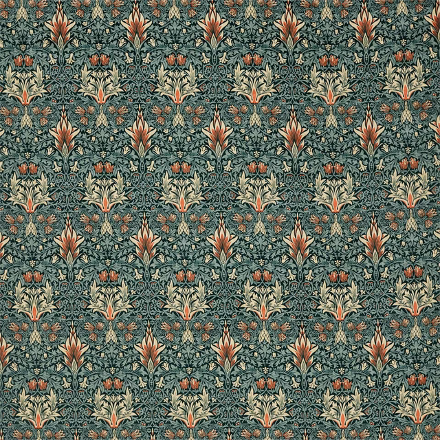 Dense teal velvet with russet floral stems, sage leaves and fine scrolling detail