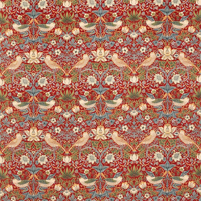 Crimson velvet with slate birds, ivory flowers and scrolling botanical detail