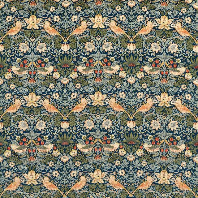 Deep indigo velvet with peach birds, thyme foliage, cream flowers and red accents