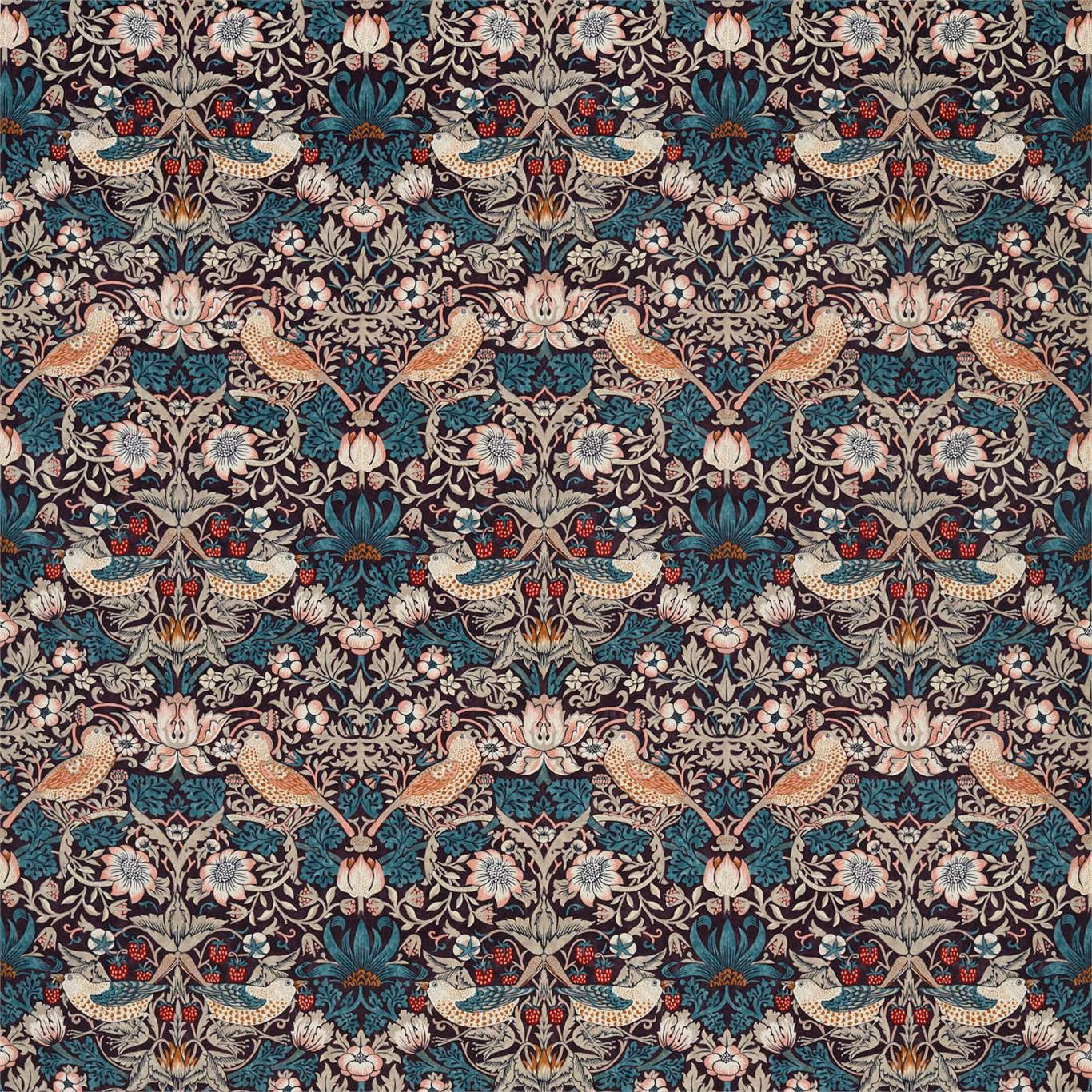 Mulberry and slate velvet with repeating birds, flowers and teal foliage