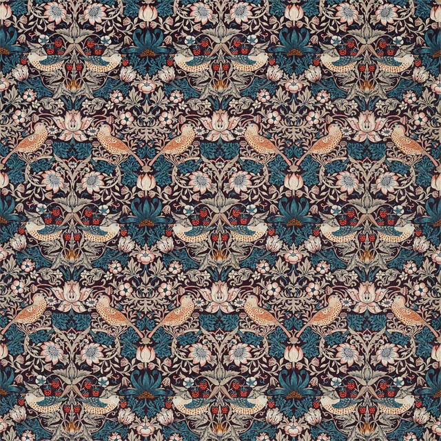 Mulberry and slate velvet with repeating birds, flowers and teal foliage