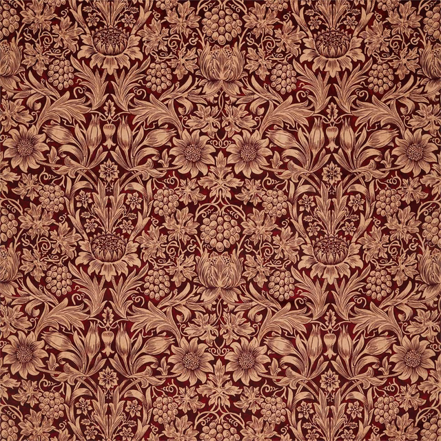 Deep burgundy velvet with birch floral damask, scrolling leaves and clustered fruit motifs