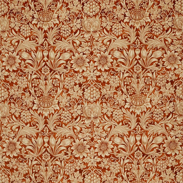 Saffron-rust velvet with scrolling vellum flowers, leaves and clustered fruit
