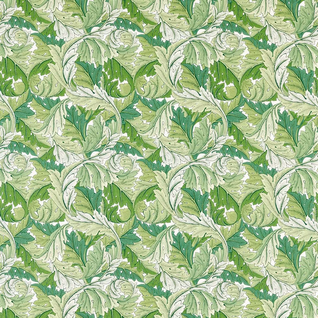 Fresh green acanthus leaves with ivory highlights in a dense repeating textile pattern