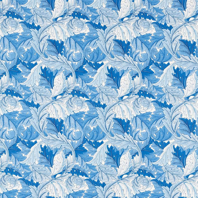 Cool woad-blue and ivory acanthus leaves in a dense floral repeat
