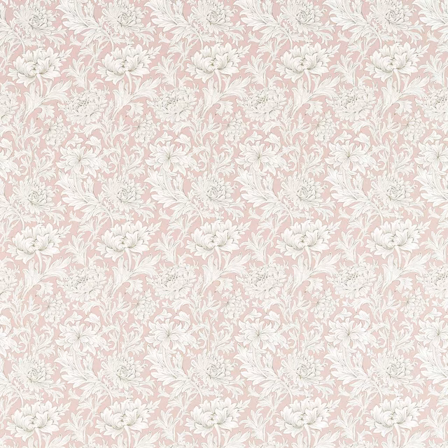 Blush pink fabric with ivory chrysanthemum flowers and scrolling leafy vines