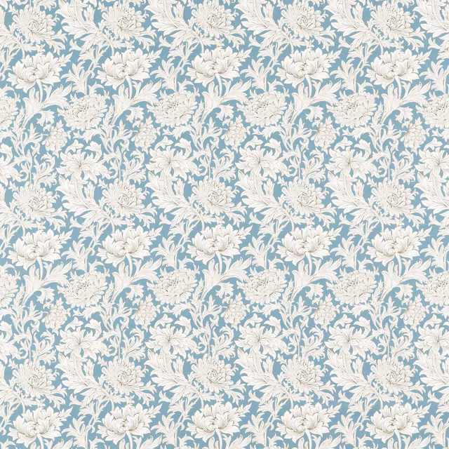Muted slate blue floral toile with dense ivory chrysanthemums and curling leafy stems