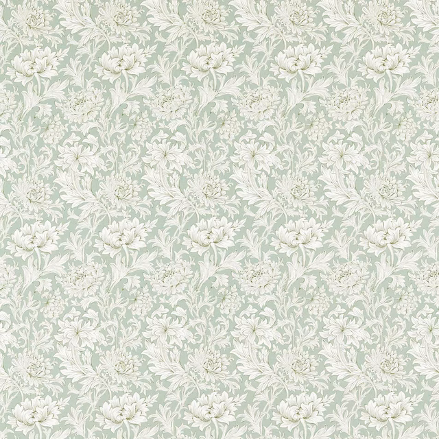 Pale sage floral toile with cream chrysanthemums and scrolling leafy stems